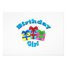 Birthday girl in blue with presents invite