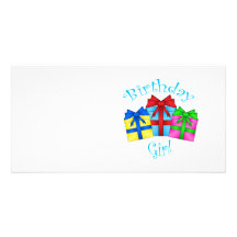 Birthday girl in blue with presents photo cards