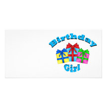 Birthday girl in blue with presents custom photo card