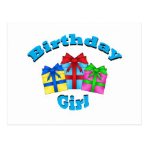 Birthday girl in blue with presents postcard