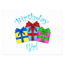 Birthday girl in blue with presents postcards