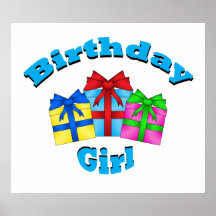 Birthday girl in blue with presents posters