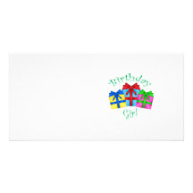 Birthday girl in green with presents custom photo card