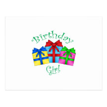 Birthday girl in green with presents postcards