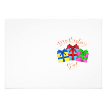 Birthday girl in orange with presents invitations