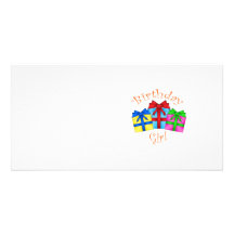 Birthday girl in orange with presents picture card