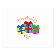 Birthday girl in orange with presents postcard