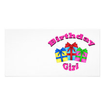 Birthday girl in pink with presents personalized photo card