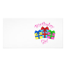 Birthday girl in pink with presents personalized photo card