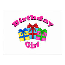 Birthday girl in pink with presents post card