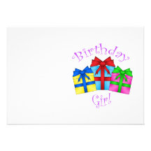 Birthday girl in purple with presents announcement