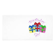 Birthday girl in purple with presents personalized photo card