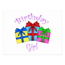 Birthday girl in purple with presents post cards