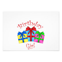 Birthday girl in red with presents personalized invitation