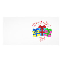 Birthday girl in red with presents photo cards