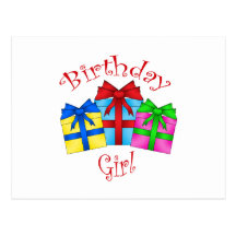 Birthday girl in red with presents post cards
