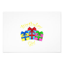 Birthday girl in yellow with presents personalized announcement