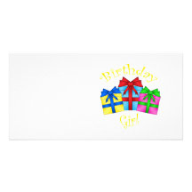 Birthday girl in yellow with presents custom photo card
