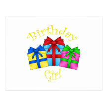 Birthday girl in yellow with presents postcard