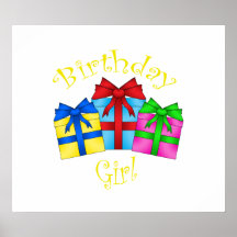 Birthday girl in yellow with presents poster