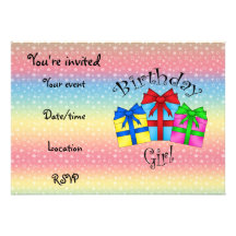 Birthday girl with presents custom invitations