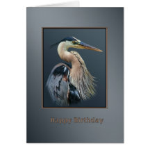 Birthday, Great Blue Heron Bird in Silver and Grey Greeting Card