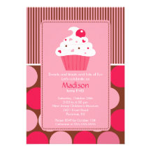 Birthday Invitation Cute Cherry Cupcake Pink Brown