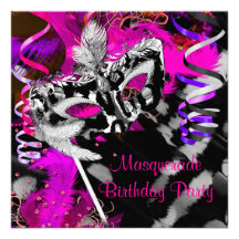 Birthday Masquerade Party Ball Black Silver Pink Invite