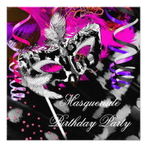 Birthday Masquerade Party Black Silver Pink Announcements