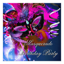 Birthday Masquerade Party Mask Blue Pink Custom Invite