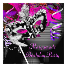 Birthday Masquerade Party Mask Silver Pink 2 Custom Invites