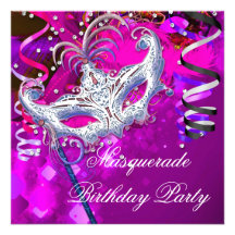 Birthday Masquerade Party Mask Silver Pink Custom Invitations