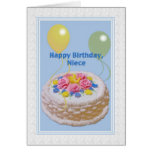 Birthday, Niece, Cake and Balloons Greeting Card