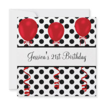 Birthday Party Black & White Spots Red Balloons Personalized Invite