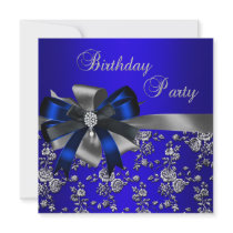 Birthday Party Blue Damask Pearl Silver Black Announcements