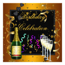 Birthday Party Celebration Gold Black Champagne Invitation