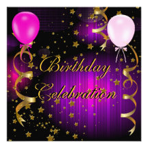 Birthday Party Celebration Pink Gold Stars Black Custom Invites