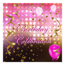Birthday Party Celebration Pink Lights Gold Stars Custom Invites