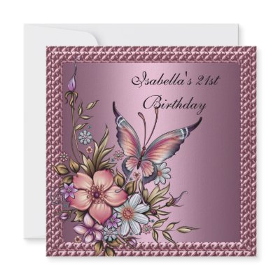 Birthday Party Elegant Floral Butterfly Pink Personalized Announcements by InvitationCenter