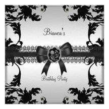 Birthday Party Elegant Silver Black Floral Jewel Custom Announcements