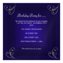 Birthday Party Glamourous Royal Navy Blue Silver Invites