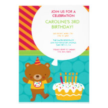 Birthday Party Invitation Teddy Bear and Cake