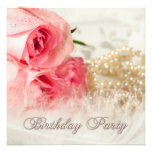Birthday party invitation with roses and pearls