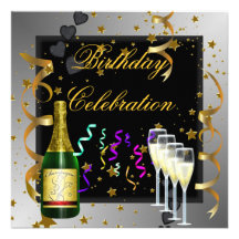 Birthday Party Silver Gold Black Champagne Personalized Invitations