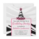 Birthday Party - Zebra Print & Pink Party Hat Invite