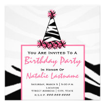 Birthday Party - Zebra Print & Pink Party Hat Invite