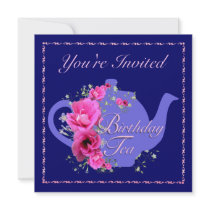 Birthdayl Tea Invitations Teapot and Pink Flowers