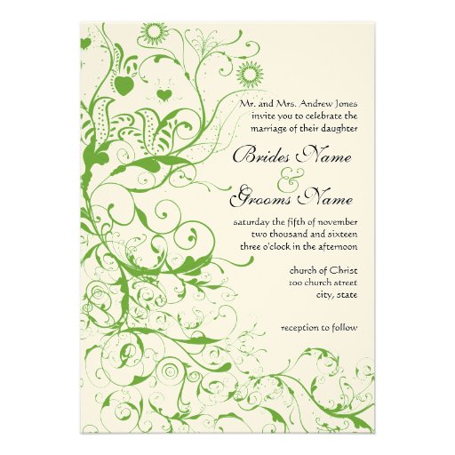 Black and Apple Green Bird Swirl Wedding Invite