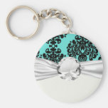 black and aqua lovely ornate blue damask key chain