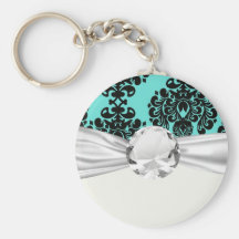black and aqua lovely ornate blue damask key chain